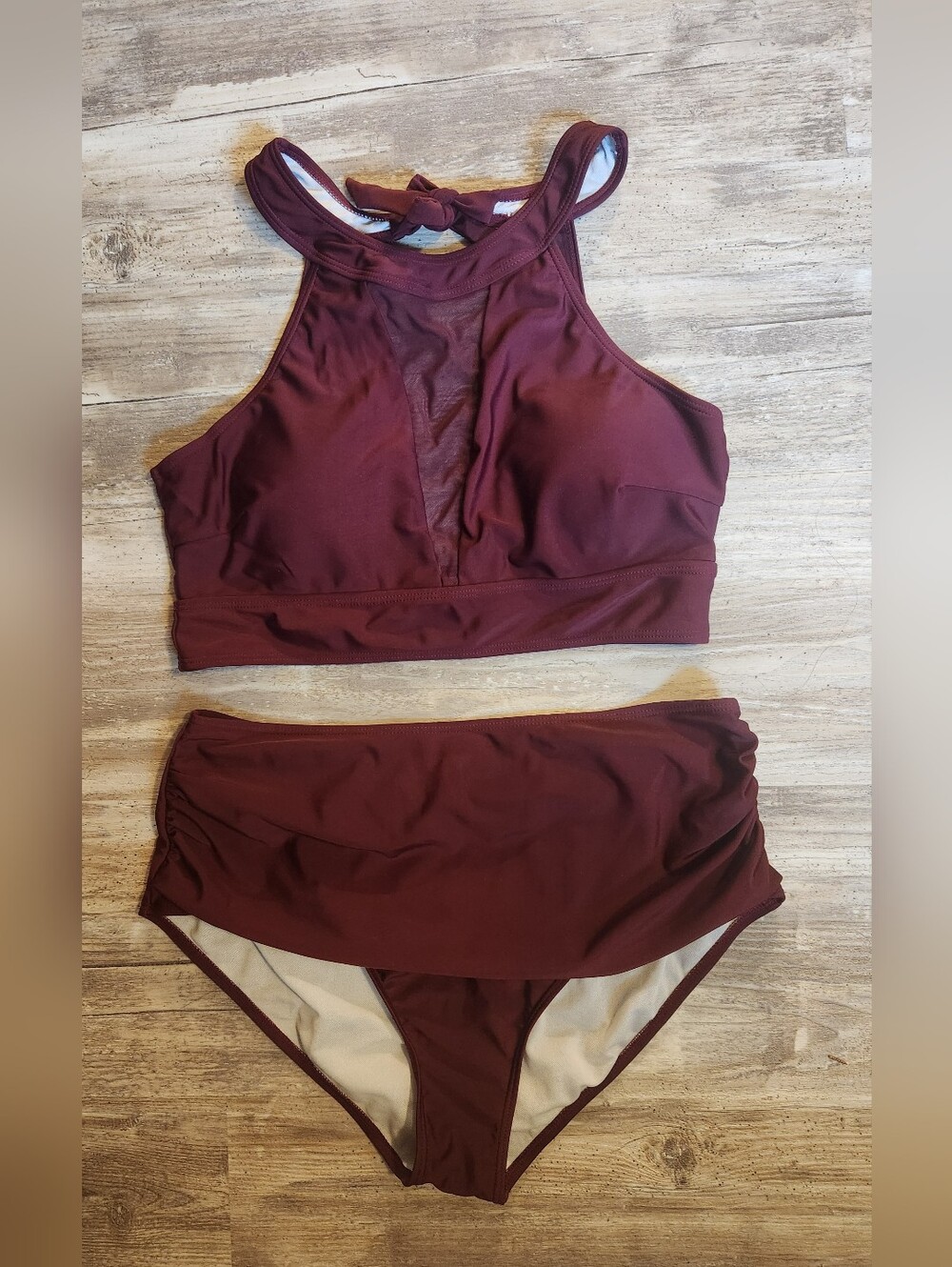 Women's High-Neck Two-Piece Swim Set in Burgundy